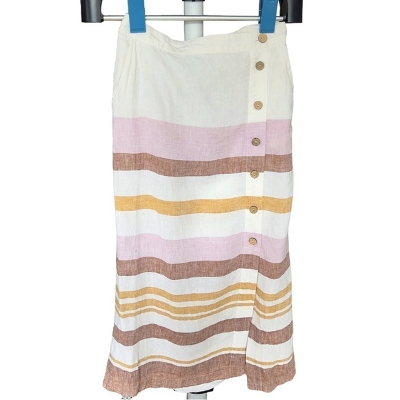 Rachel Zoe Women’s White Pink & Tan Striped 100% Linen Button Front Skirt Size S - Picture 2 of 12